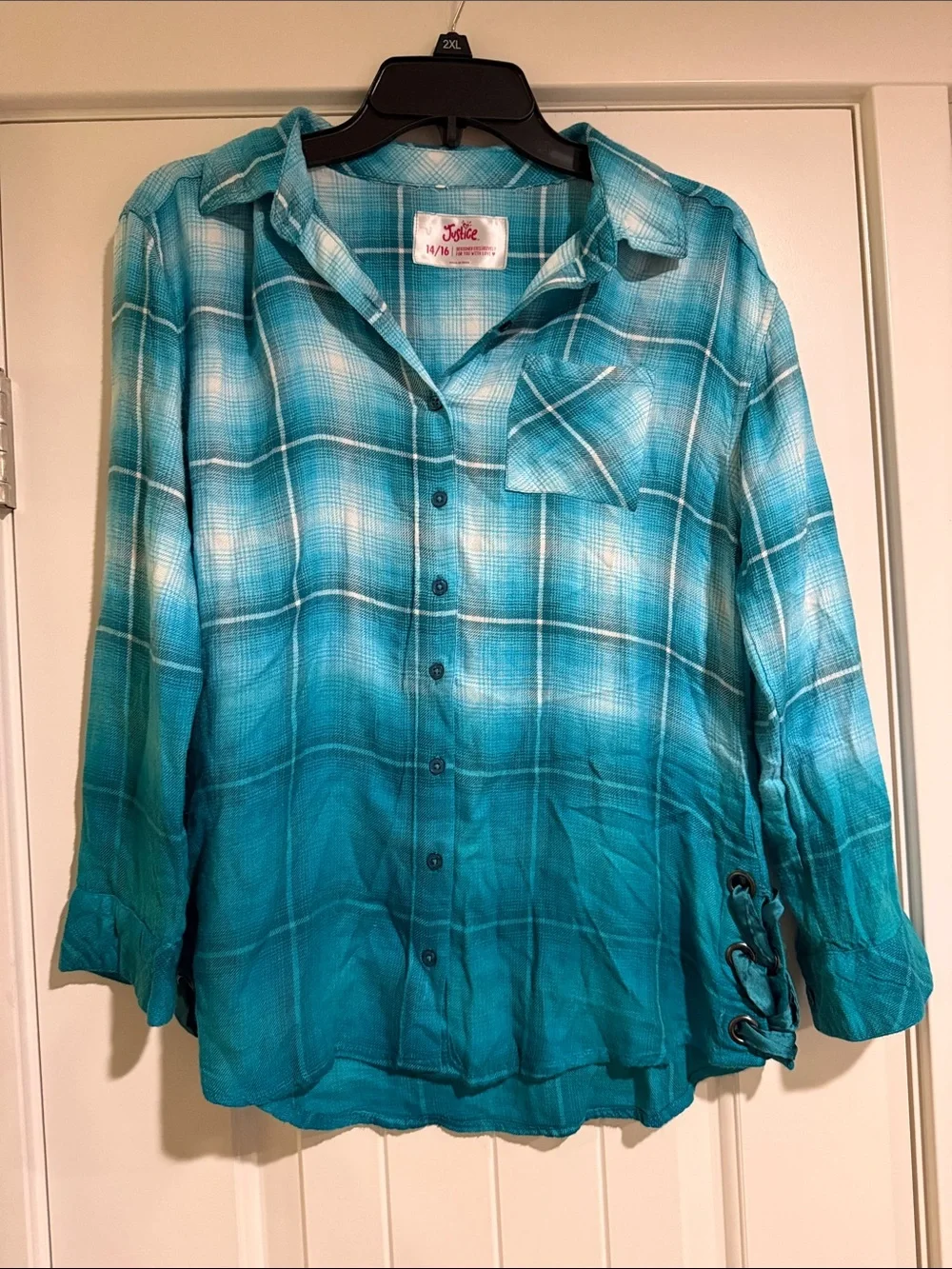 Justice Girls Teal Blue Plaid Button-Down Shirt